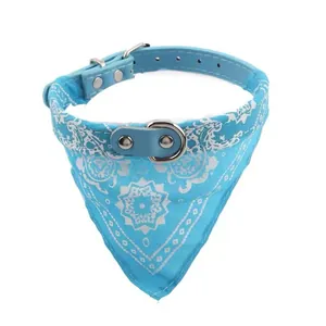 Blue floral printed leather dog collar with bandana scarf for small and medium pets