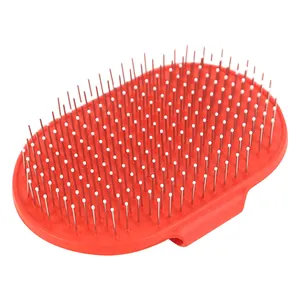 Red rubber pet bath massage brush featuring long stainless steel pins with white tips