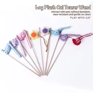 Wooden Cat Teaser Wand Toy with Plush Mouse Bird and Bell for Indoor Cats Interaction Boredom Relief
