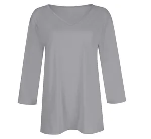 Detailed visual of a women's casual grey V-neck T-shirt featuring stylish 3/4 sleeves.