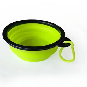 Portable lime green collapsible pet travel bowl with matching carabiner hook