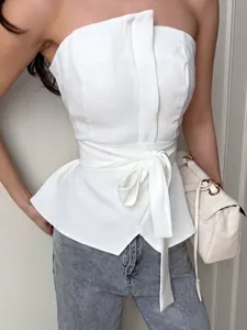 Damen Sexy Trägerloses Bustier Top Schößchen Schlitz Saum Schleife Taille Elegant Ärmellos Einfarbig Viskose Top Sommer