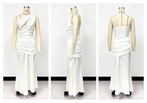 White satin one-shoulder mermaid dress with hollow-out front and lace-up back detail