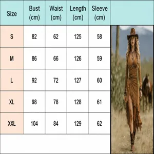Size chart detail for brown bohemian long sleeve ruffled asymmetric midi dress