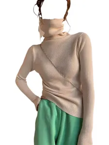 Elegant slim fit beige turtleneck ribbed knit sweater with long sleeves for women