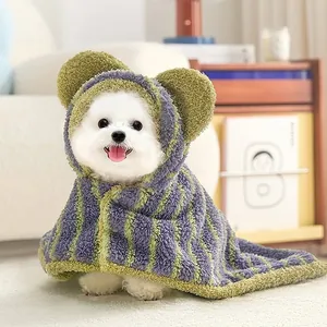 Pet Hooded Cloak Blanket Winter Warm Flannel Dog Cape Wearable Cat Bathrobe Stripe Bear Ears Pajamas For Small Dogs Cats