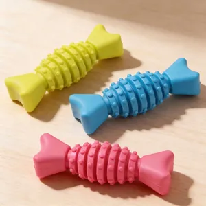 Durable TPR fishbone dog chew toys in vibrant colors for dental cleaning and boredom