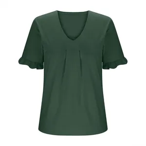 Top casual verde oscuro con cuello en V para mujer con pliegues y mangas de volantes