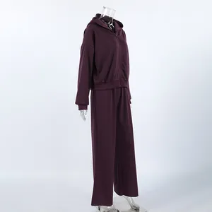 Conjunto de chándal de dos piezas para mujer con sudadera con capucha morada y pantalón ancho