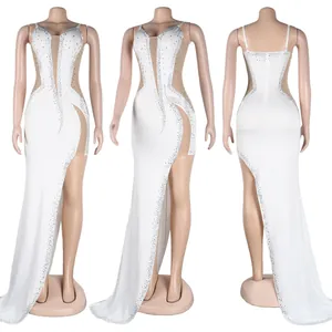 Detailed front, side and back view of a white rhinestone slit evening gown on mannequin