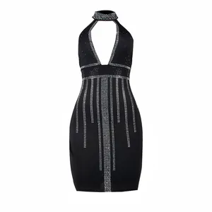 Detailed view of the sexy black halter bodycon dress with sparkling rhinestones