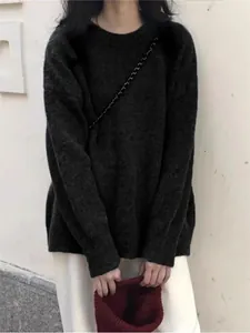 Pull vintage en maille à col rond surdimensionné en gris anthracite pour femme