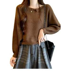Elegant Korean style brown soft knit pullover with diagonal collar and batwing sleeves