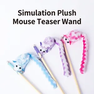 Set of three interactive plush mouse cat teaser wands with wooden handles and bells