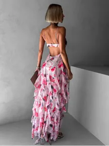 Elegant backless pink floral organza ruffled maxi evening gown for summer parties