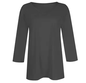 Front view of a charcoal grey women's casual V-neck T-shirt with 3/4 sleeves