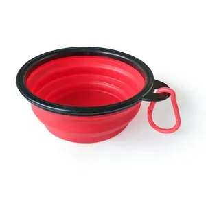 Red collapsible silicone dog and cat travel bowl with portable carabiner hook attachment