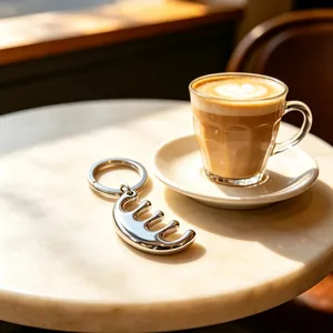 Close-up of a sleek stainless steel comb-shaped keychain on a marble cafe table