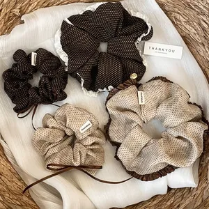 Vintage Polka Dot Scrunchies For Women Handmade Fabric Large Hair Ties With Bow Ribbon Ruffle Edge Elegant Hair Accessories
