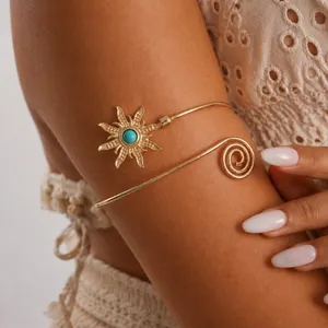 Vintage Metalen Bloem Open Armring Armmanchet Voor Dames Boho Goudkleur Zonnebloem Turkoois Ingelegd Verstelbare Armband