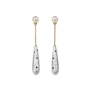 Exquisite vintage pearl stud earrings with engraved silver-tone teardrop pendants