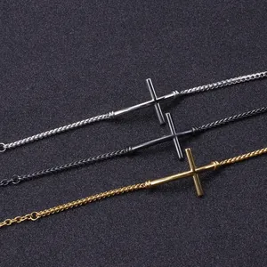Minimalist stainless steel cross bracelet set in silver, black and gold finishes