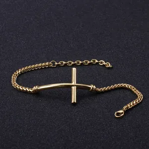 Minimalist gold-plated stainless steel curved cross bracelet with wheat chain