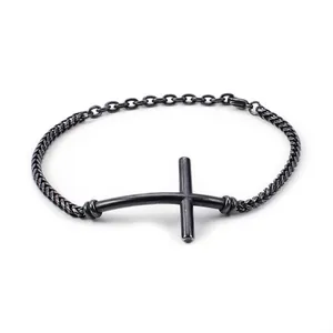 Minimalist gunmetal stainless steel bracelet featuring a stylish curved cross centerpiece