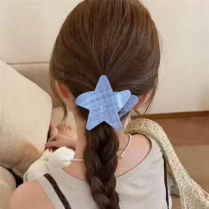Vista detallada de una pinza para el pelo con estrella de cuadros azules trenzada.
