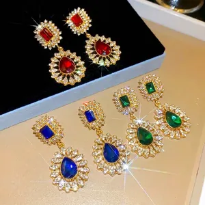 Vintage palace style teardrop earrings with colorful crystals and rhinestones
