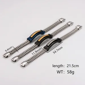 Detailed macro view of three stainless steel hip-hop bracelets with measurements.