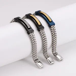 Detailed view of three stainless steel braided chain bracelets with curved metal plates.
