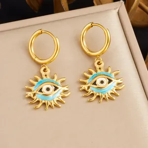 Boucles d'Oreilles Vintage en Acier Inoxydable Soleil Mauvais Œil pour Femme Plqué Or Émail Boho Bijoux Cadeau