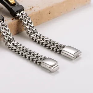 Macro detail of a premium woven stainless steel chain bracelet with a metallic finish.