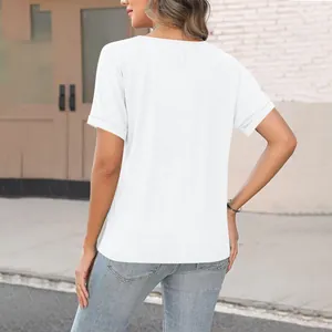 Back view of a white loose short-sleeved T-shirt featuring button details for women