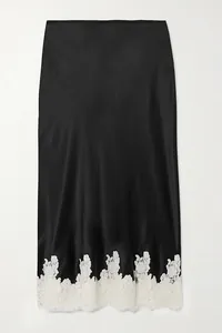 Detail view of black satin midi skirt featuring elegant white floral lace trim at the hem