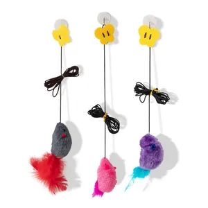 Interactive hanging cat toy set featuring squeaky plush mice with secure suction cup mounts
