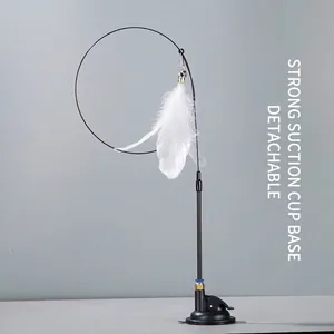 Varita para gatos con base de ventosa fuerte y pluma blanca natural ajustable