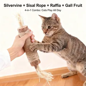 Giocattolo da masticare naturale per gatti in argento con rafia e corda di canapa