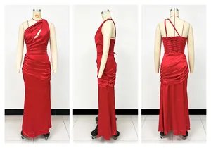 Red satin one-shoulder dress shown in front, side and back views with lace-up detail