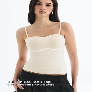 Detail of cream built-in bra tank top showing smooth seamless fit and natural shape