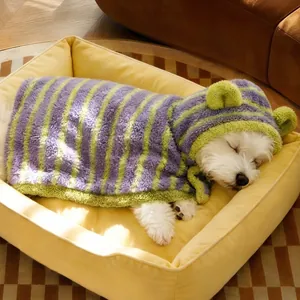 Warm and cozy wearable striped pet blanket hoodie with bear ears for small dogs