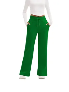 Women's high-waisted wide-leg leisure trousers in vibrant solid green color