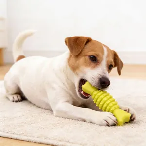 Close-up of a dog chewing a durable yellow TPR fish bone toy for teeth cleaning