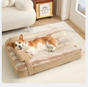 Plush striped dog bed sofa with a Corgi resting in a cozy home setting