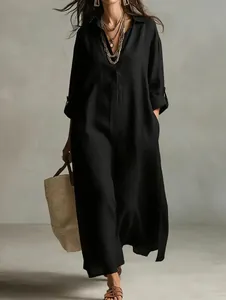 Detailed visual of a black cotton linen collared maxi shirt dress in loose casual style
