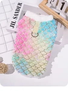 Close-up of plush gradient pet vest with golden fish scale pattern and leash D-ring