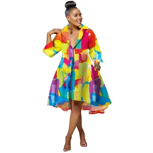Colorful abstract print shirt dress with deep V-neck and high-low hemline detail
