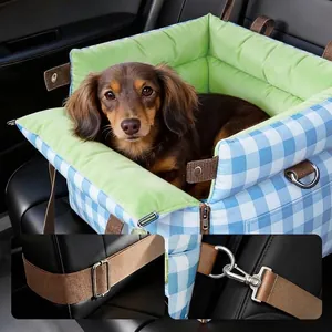 Siège auto 2-en-1 pour animaux et lit pour chiens avec motif à carreaux bleus