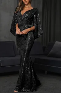 Elegant black sequined mermaid evening dress with flared sleeves and deep V-neckline